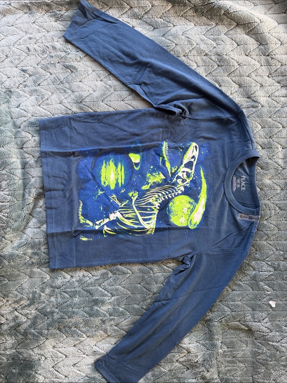The Children's Place Navy Long Sleeve Tee with Neon Green Space Dinosaur Graphic